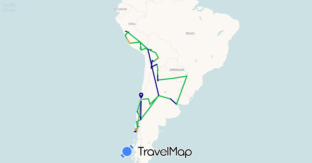 TravelMap itinerary: driving, bus, plane, hiking, boat, hitchhiking in Argentina, Bolivia, Brazil, Chile, Peru (South America)